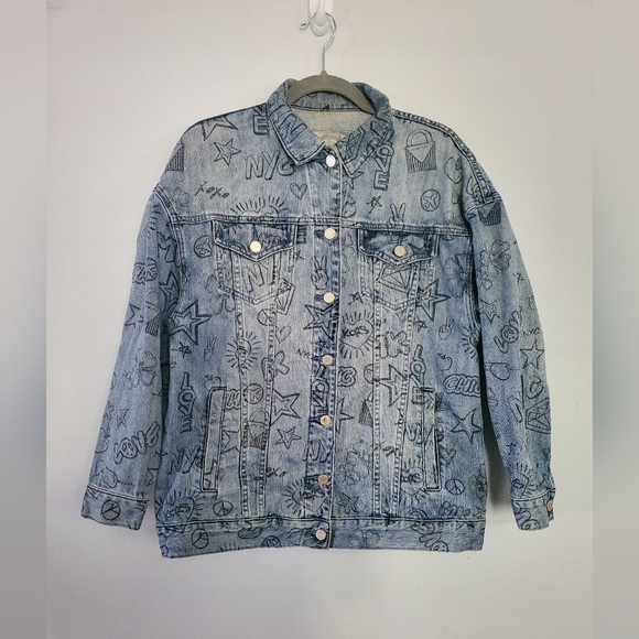 MICHAEL Michael Kors Graffiti Print Denim Jacket 100% Cotton S Oversized - Picture 1 of 7